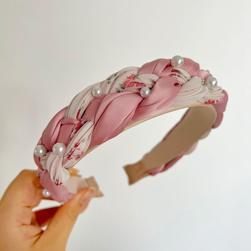 Fashion Pink Fabric-print Beaded Braided Wide-brimmed Headband