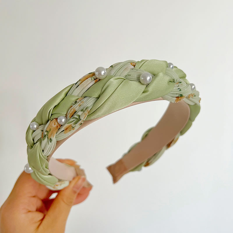 Fashion Green Fabric-print Beaded Braided Wide-brimmed Headband