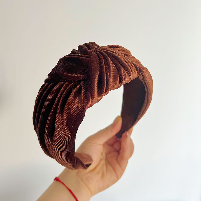 Fashion Brown Knotted Headband Gold Velvet Knotted Wide-brimmed Headband