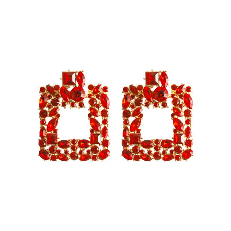 Fashion Three Red Alloy Diamond Square Stud Earrings