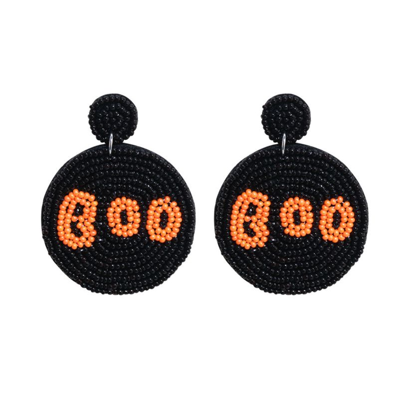 Fashion Style Six Black Rice Beads Braided Alphabet Round Earrings