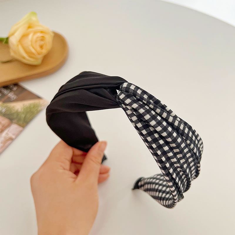 Fashion Black Check Crossover Headband Fabric Check Knotted Wide-brimmed Headband