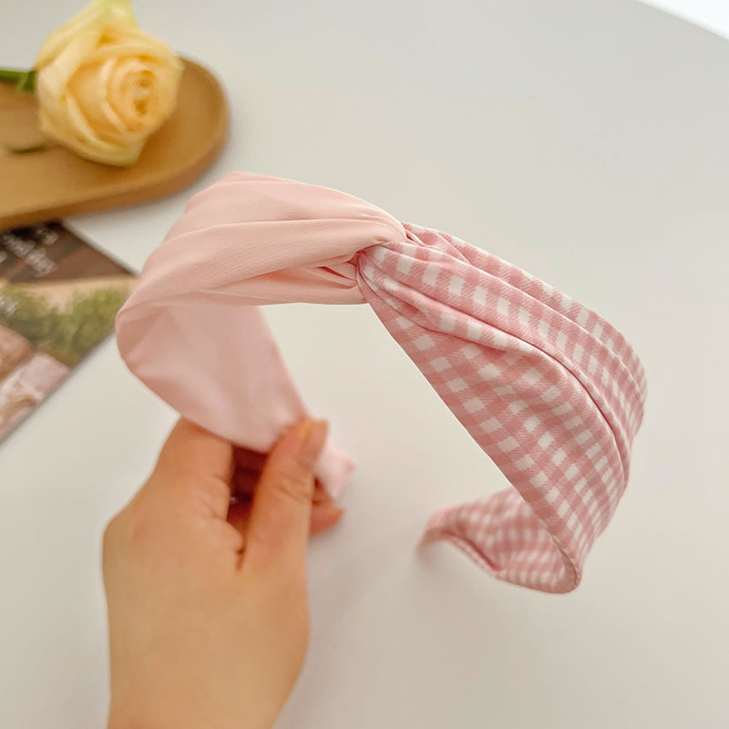 Fashion Pink Check Crossover Headband Fabric Check Knotted Wide-brimmed Headband