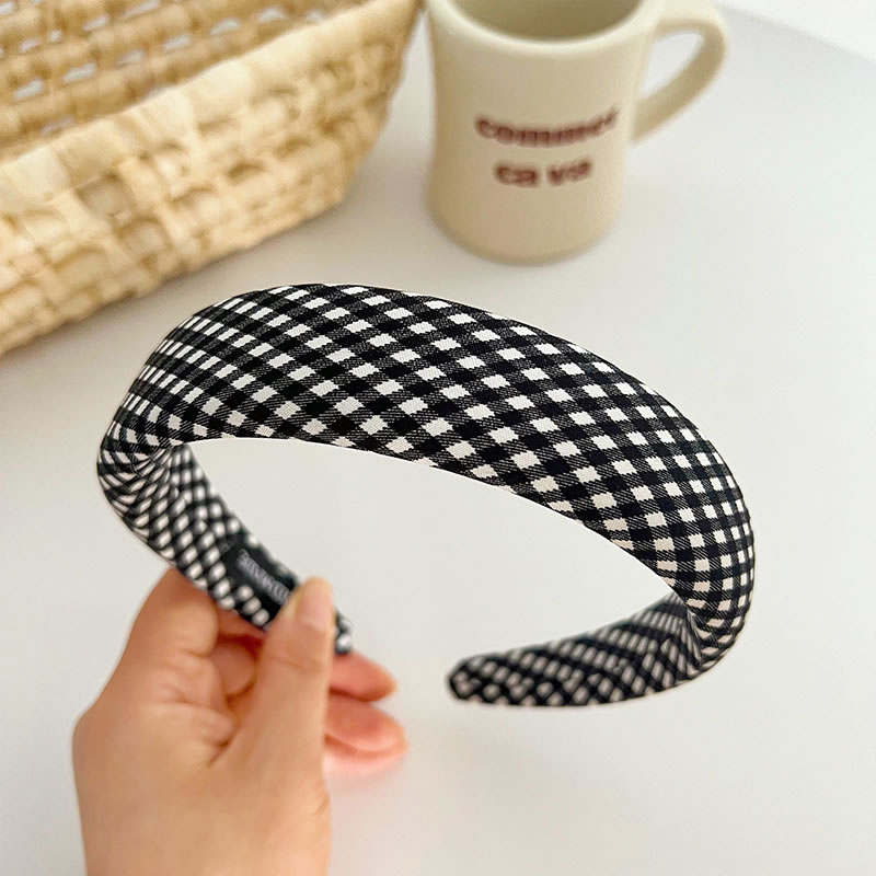 Fashion Black Check Sponge Headband Fabric Check Wide-brimmed Headband