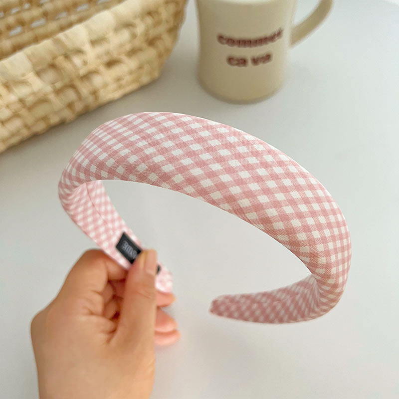 Fashion Pink Plaid Sponge Headband Fabric Check Wide-brimmed Headband