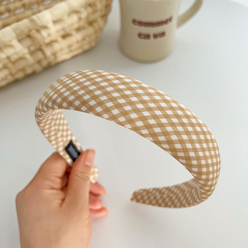 Fashion Brown Plaid Sponge Headband Fabric Check Wide-brimmed Headband