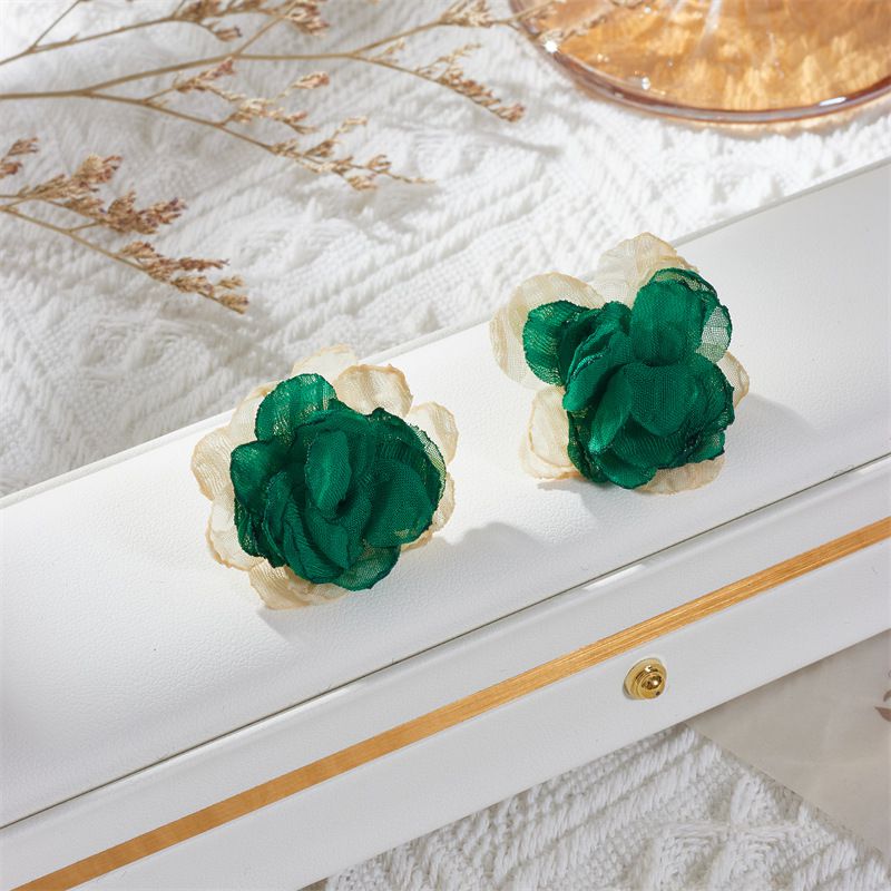 Fashion Dark Green Core + Beige Leaves Fabric Lace Flower Stud Earrings