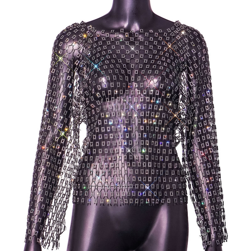Fashion Black Fishnet Cutout Long-sleeved Top
