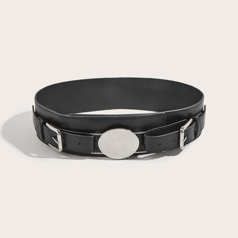 Fashion Wide Waist Belt With Pin Buckles On Both Sides Of Oval Hardware On The Front (black) Goose Egg Wide Belt With Geometric Buckle