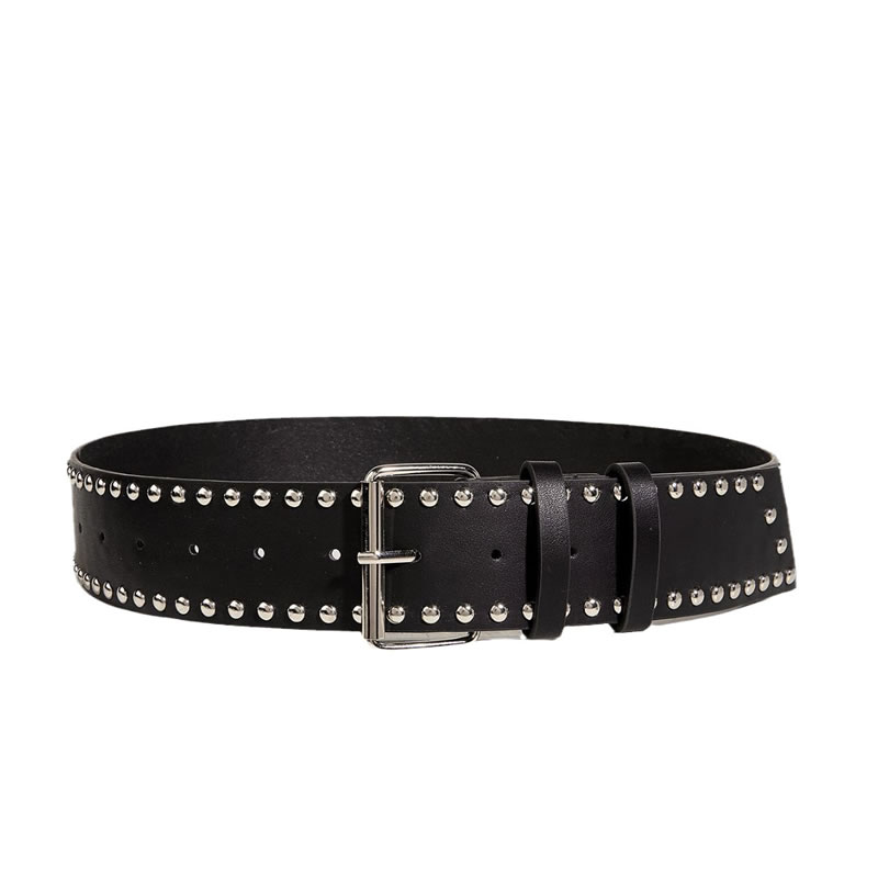 Fashion 4.6cm Side Bead Slanted Tail Belt (black) Wide Leather Belt With Square Buckle And Rivets
