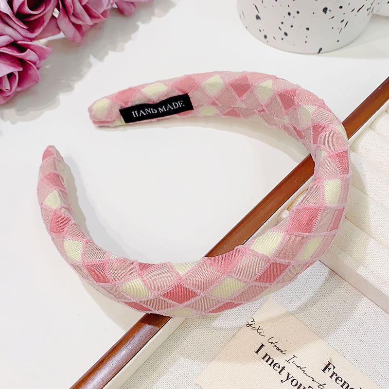 Fashion 5# Pink Fabric Check Wide-brimmed Headband