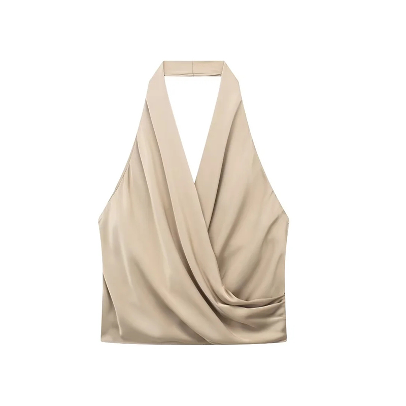 Fashion Khaki Silk-satin Halterneck Pleated Top