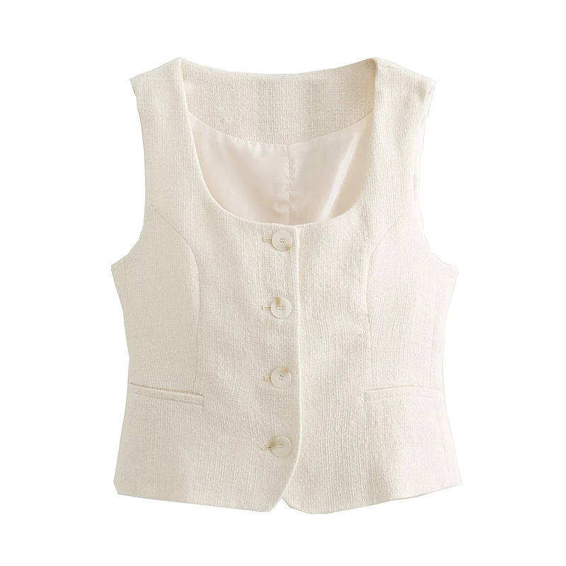 Fashion Beige Linen Breasted Square Neck Tank Top
