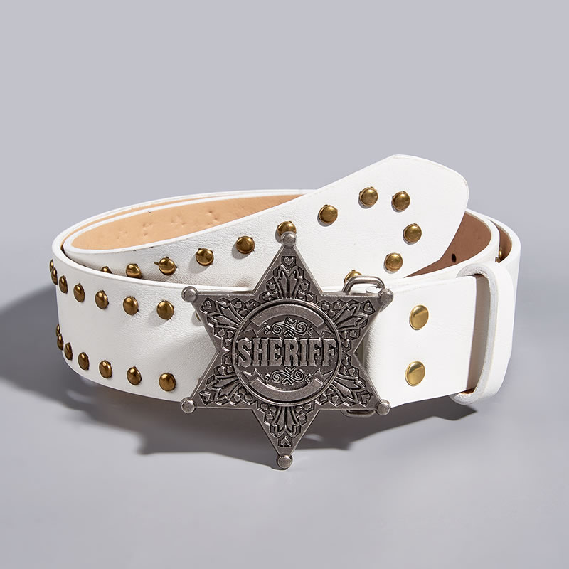 Fashion Ancient Silver Star Buckle (bronze Bead) 3.8 White Wide Belt With Metal Five-pointed Star Buckle And Rivets