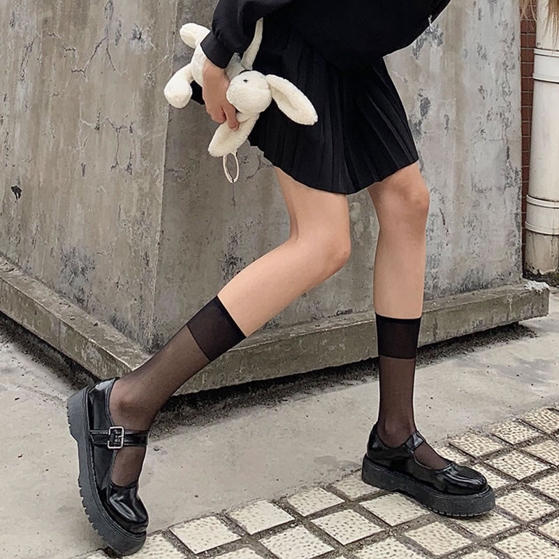 Fashion Thin Calf Socks Black Cotton Sheer Calf Socks