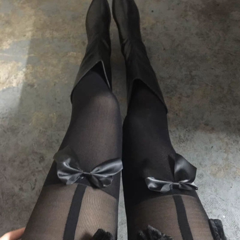 Fashion Sling Fake Butterfly Black Cotton Bow Stockings