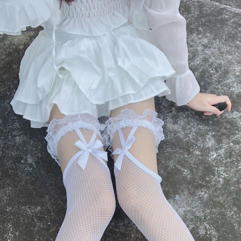 Fashion Net Sling Lace White Cotton Bow Socks