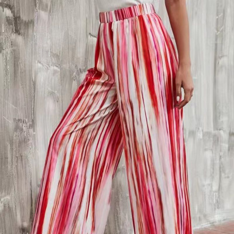 Fashion Red Polyester Striped Straight-leg Trousers