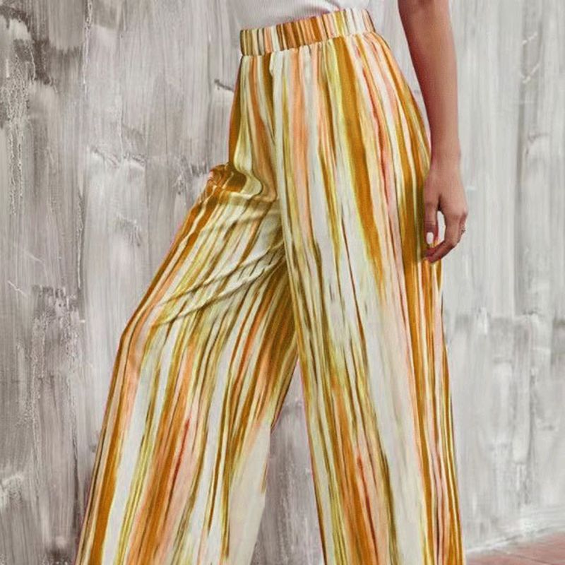 Fashion Khaki Polyester Striped Straight-leg Trousers