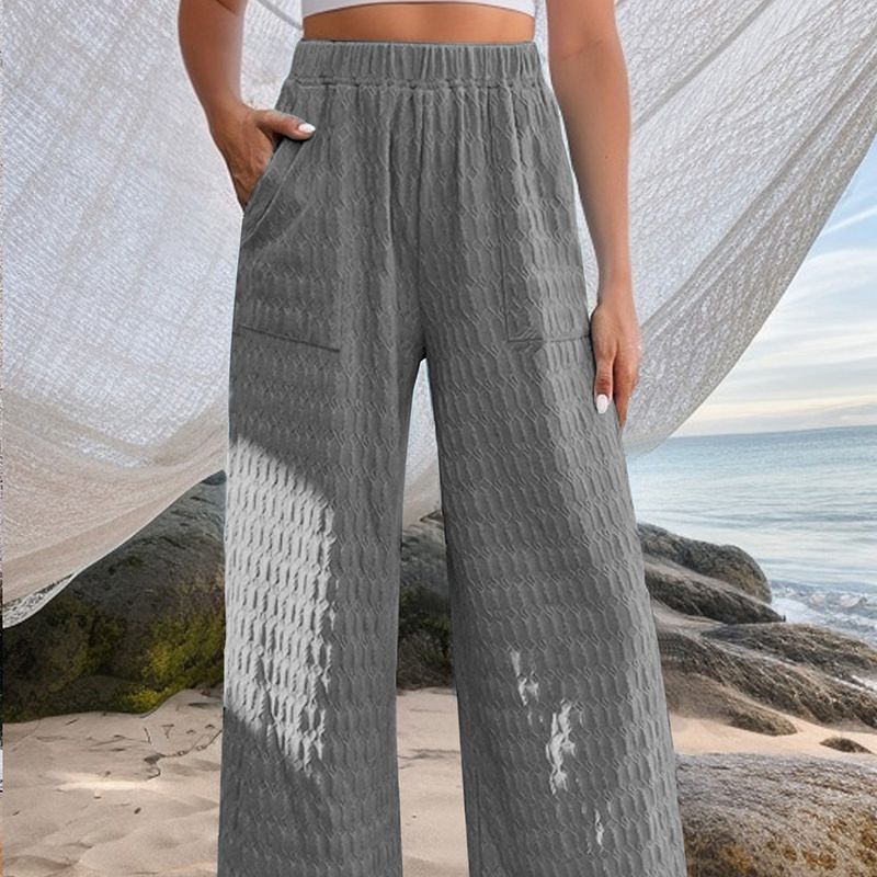 Fashion Grey Polyester Textured Straight-leg Trousers