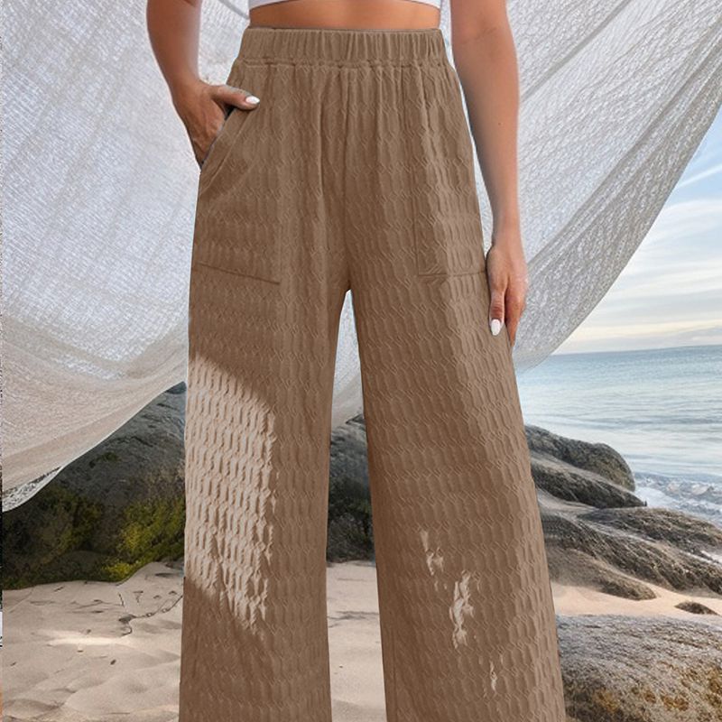Fashion Khaki Polyester Textured Straight-leg Trousers