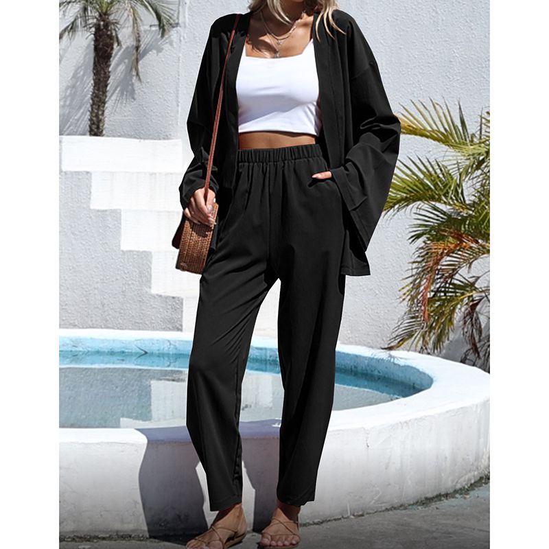 Fashion Black Polyester Straight-leg Elastic Trousers
