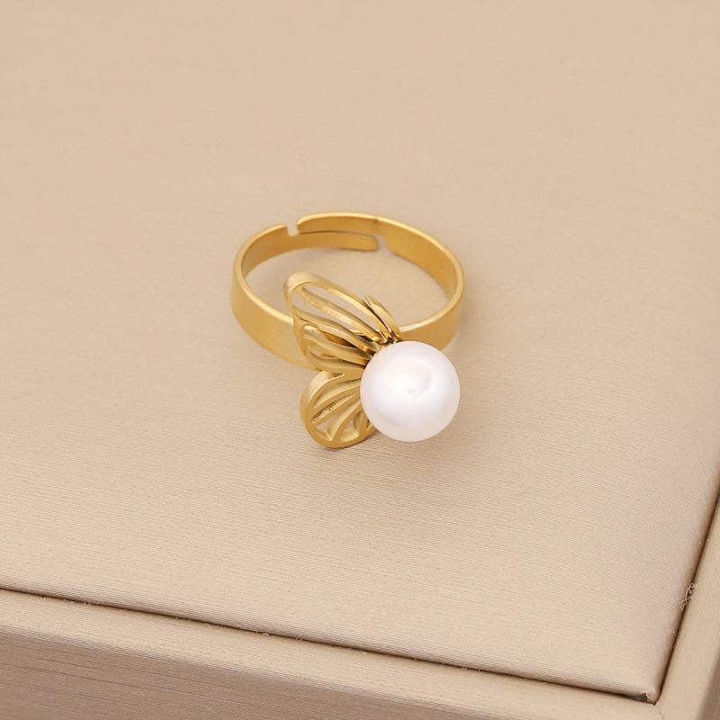 Fashion 4# Ring Stainless Steel Pearl Butterfly Ring