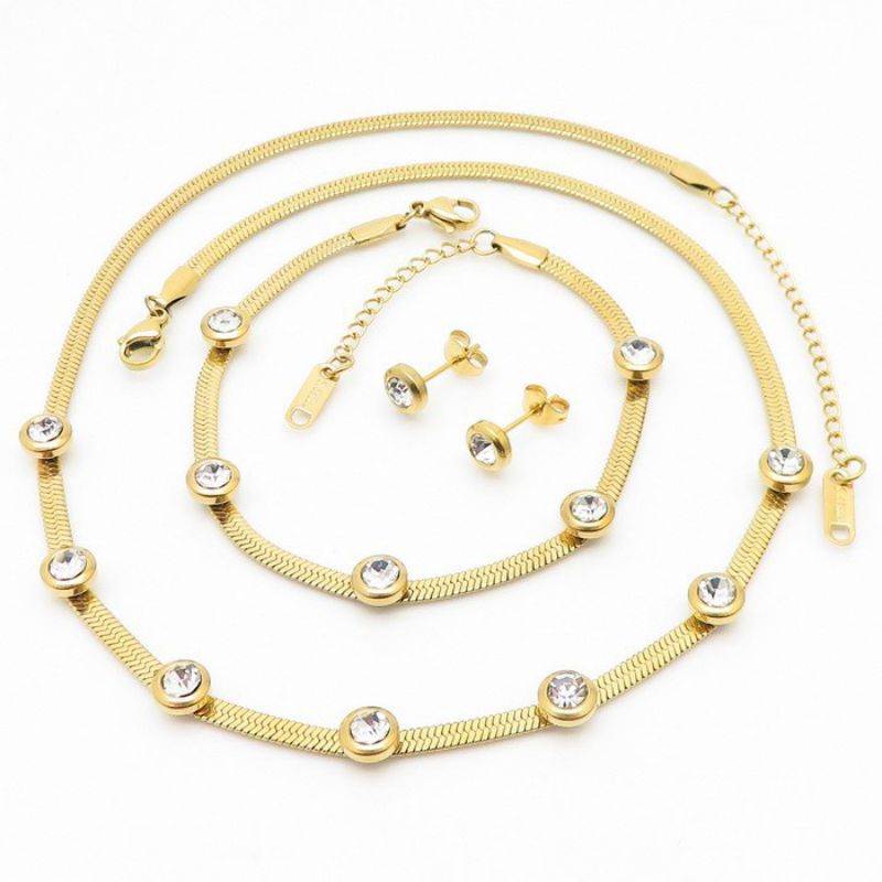 Fashion 2# Titanium Steel Round Diamond Snake Chain Earrings Bracelet Necklace Set