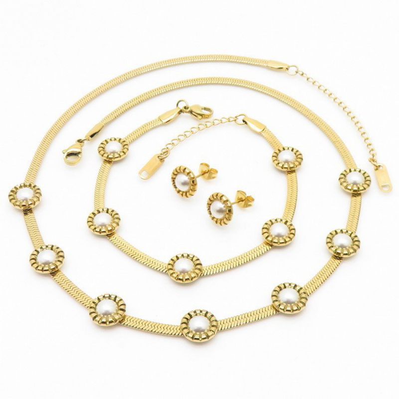 Fashion 4# Titanium Steel Pearl Snake Chain Earrings Bracelet Necklace Set
