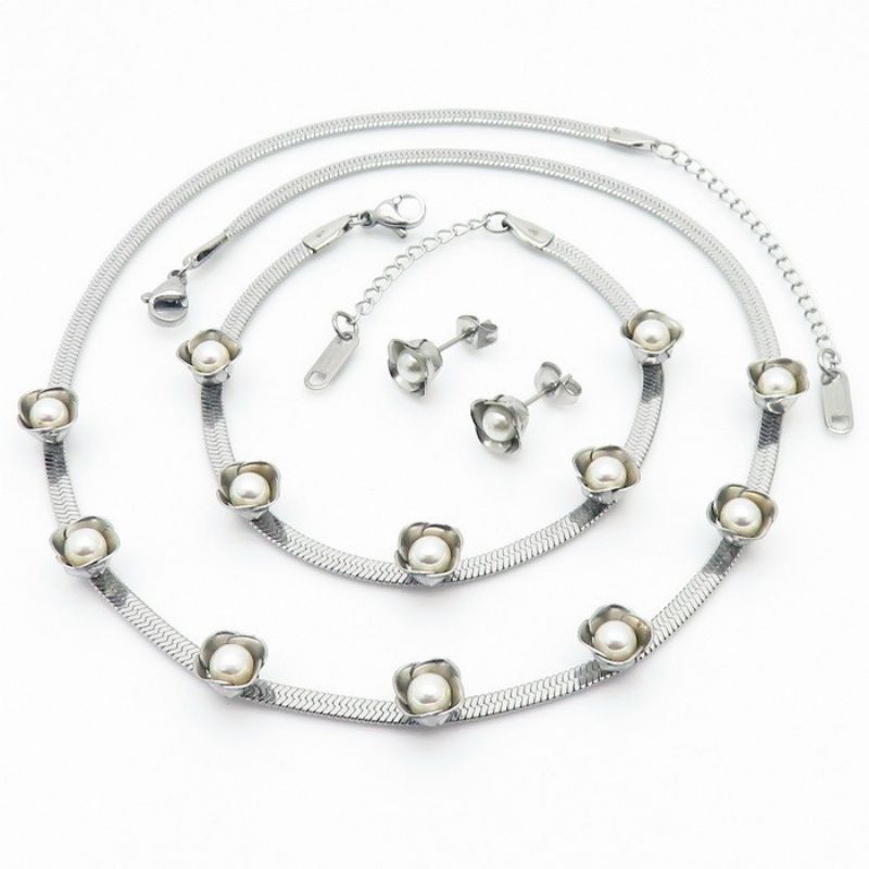 Fashion 7# Titanium Steel Pearl Flower Snake Bone Chain Earrings Bracelet Necklace Set
