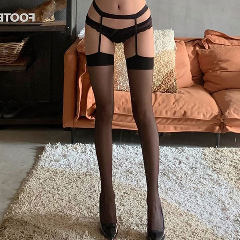 Fashion Black Side Suspenders Cotton Cutout Over-the-knee Stockings