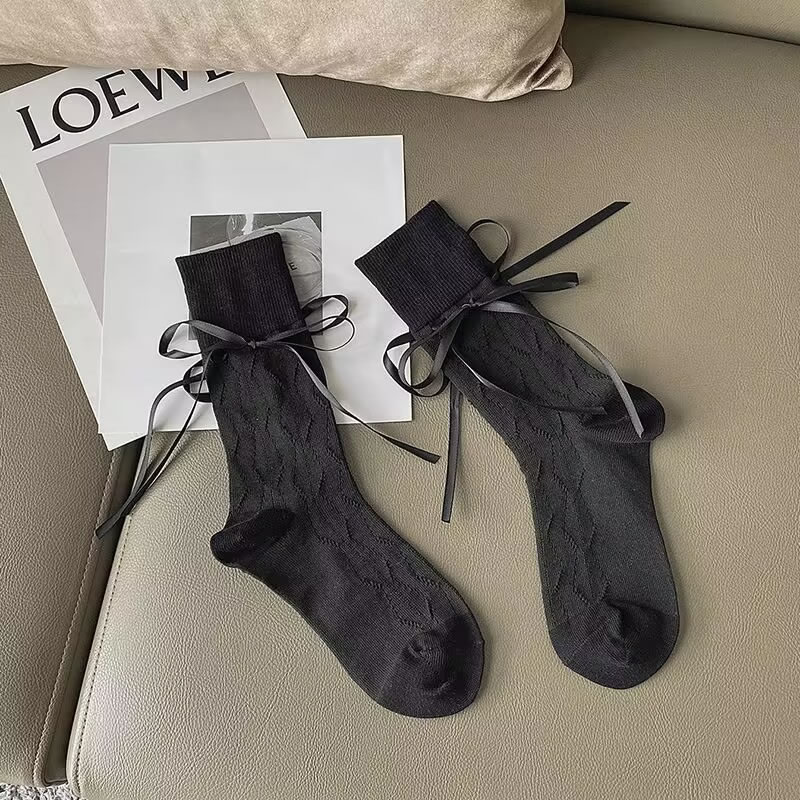 Fashion Black Cotton Bow Socks