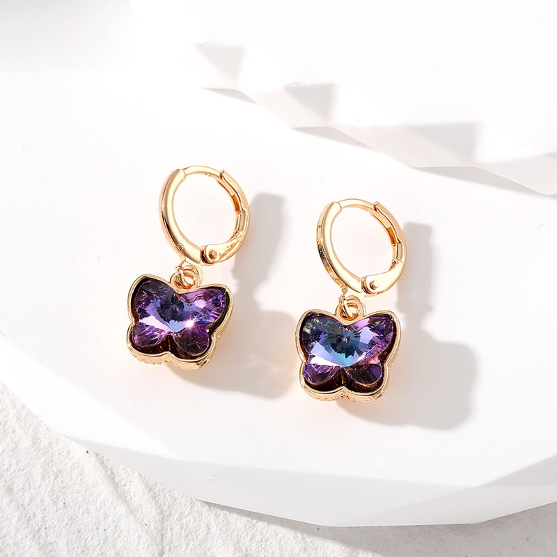 Fashion Purple Butterfly Geometric Crystal Colorful Butterfly Hoop Earrings