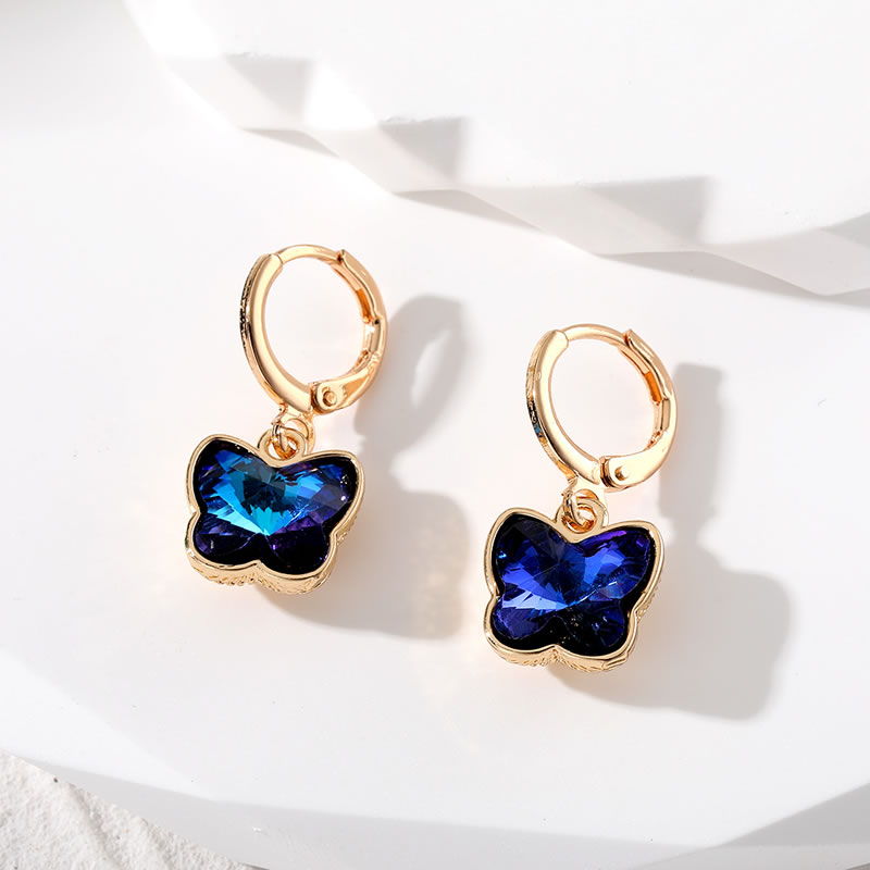 Fashion Blue Butterfly Geometric Crystal Colorful Butterfly Hoop Earrings