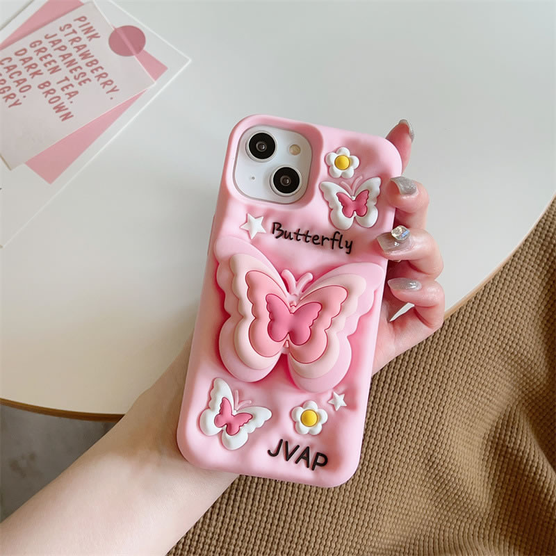 Fashion Pink Flower Butterfly Stand Silicone Flower Butterfly Iphone Case