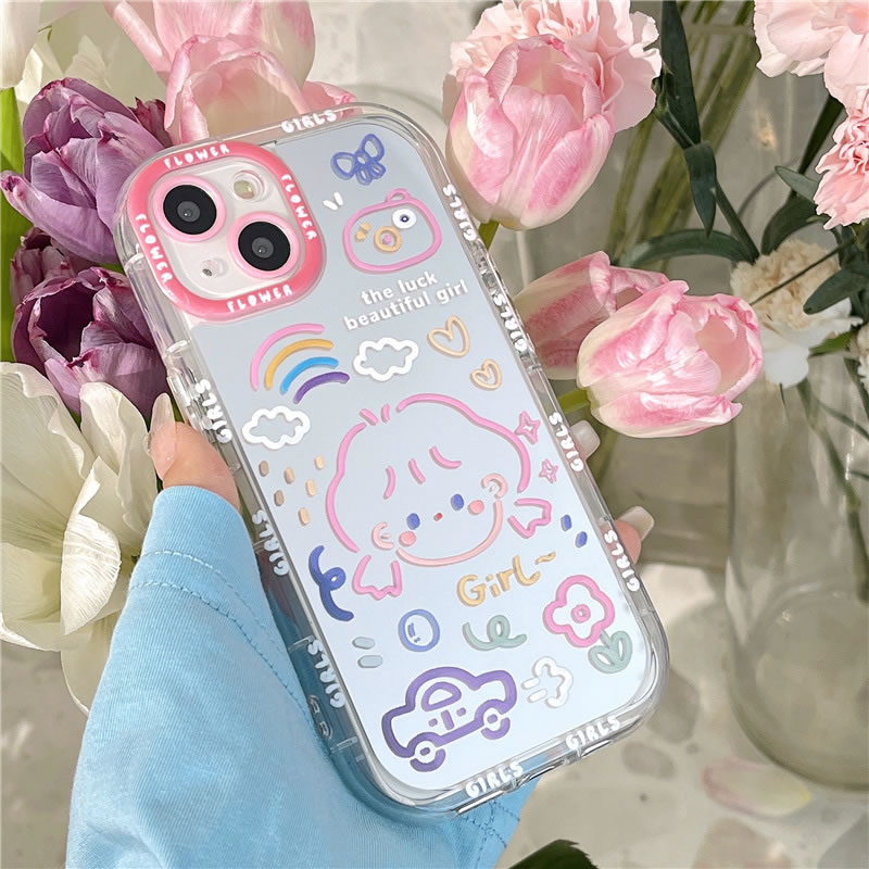 Fashion Cream Shell Mirror Surface Graffiti Girl Car Flower Tpu Printing Apple Mobile Phone Case