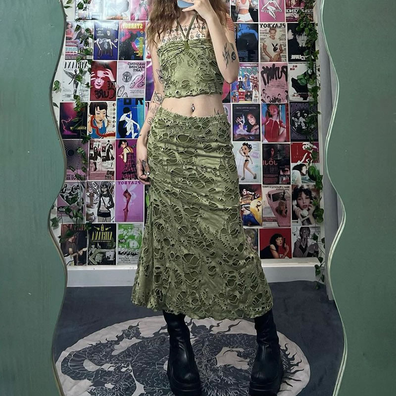 Fashion Green Ripped Hollow Halter Neck High Waist Skirt Set
