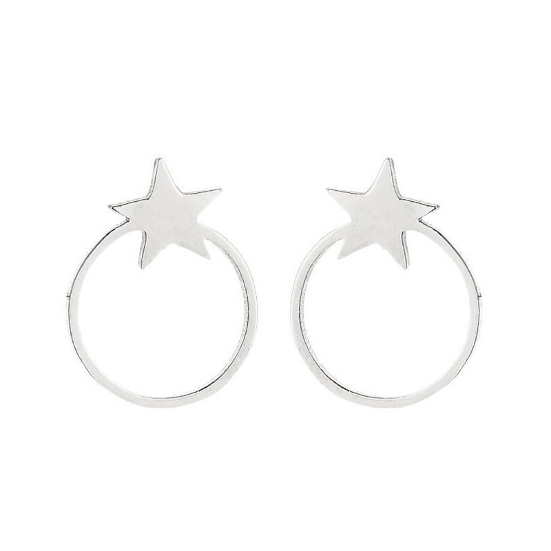 Fashion Silver Stainless Steel Star Round Stud Earrings