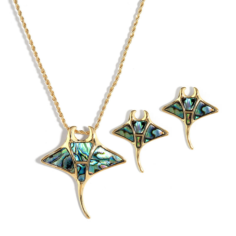 Fashion Gold Geometric Abalone Patch Necklace And Earrings Set