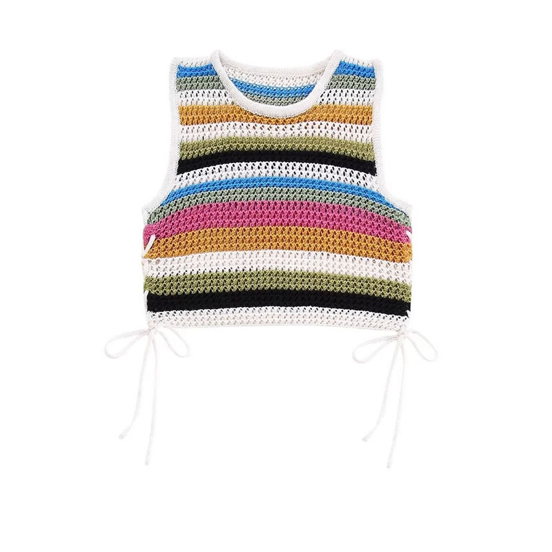 Fashion Stripe Striped Crochet Lace-up Top