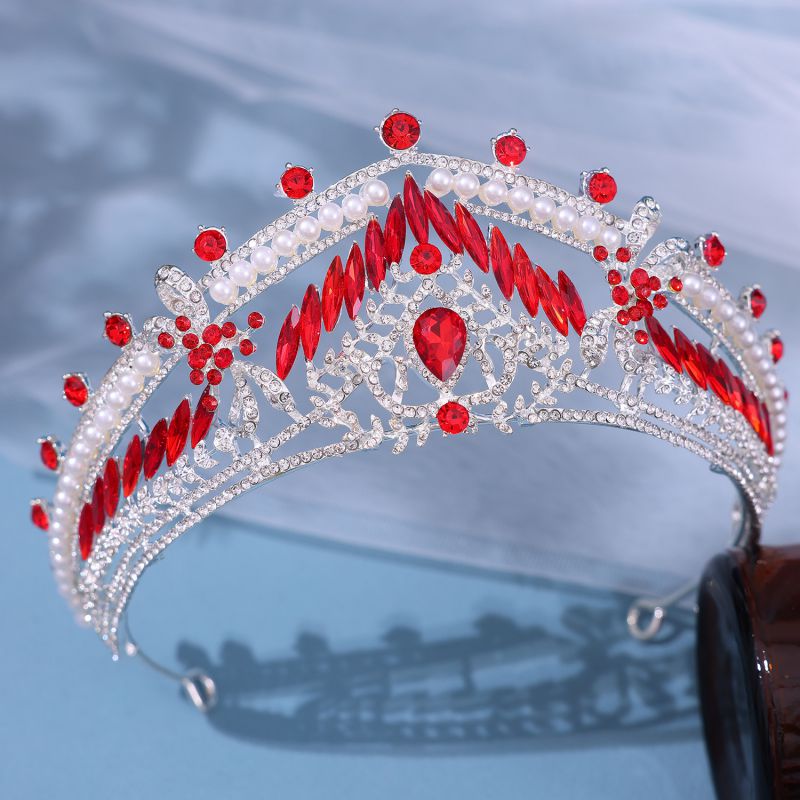 Fashion Red Diamond On Silver Background Alloy Diamond Pearl Geometric Crown