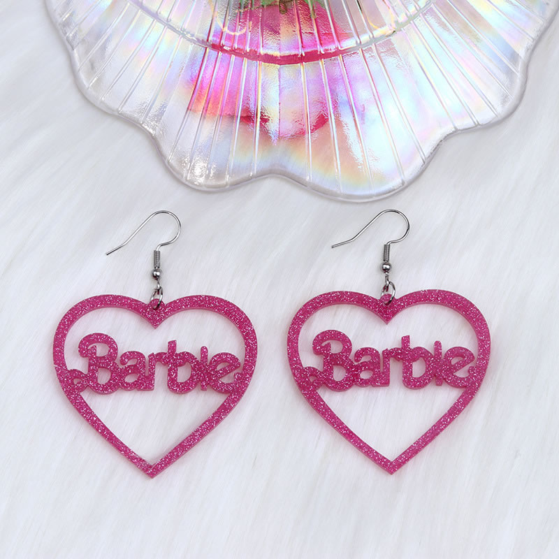 Fashion Shiny Rose Red Acrylic Glitter Heart Hollow Barbie Earrings