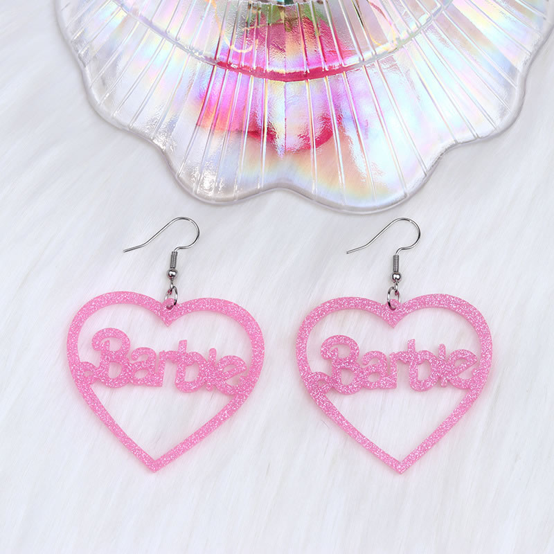 Fashion Shiny Light Pink Acrylic Glitter Heart Hollow Barbie Earrings