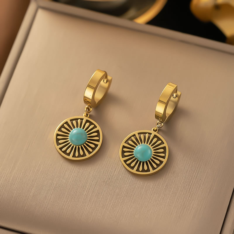 Fashion Gold Titanium Steel Hollow Turquoise Round Hoop Earrings