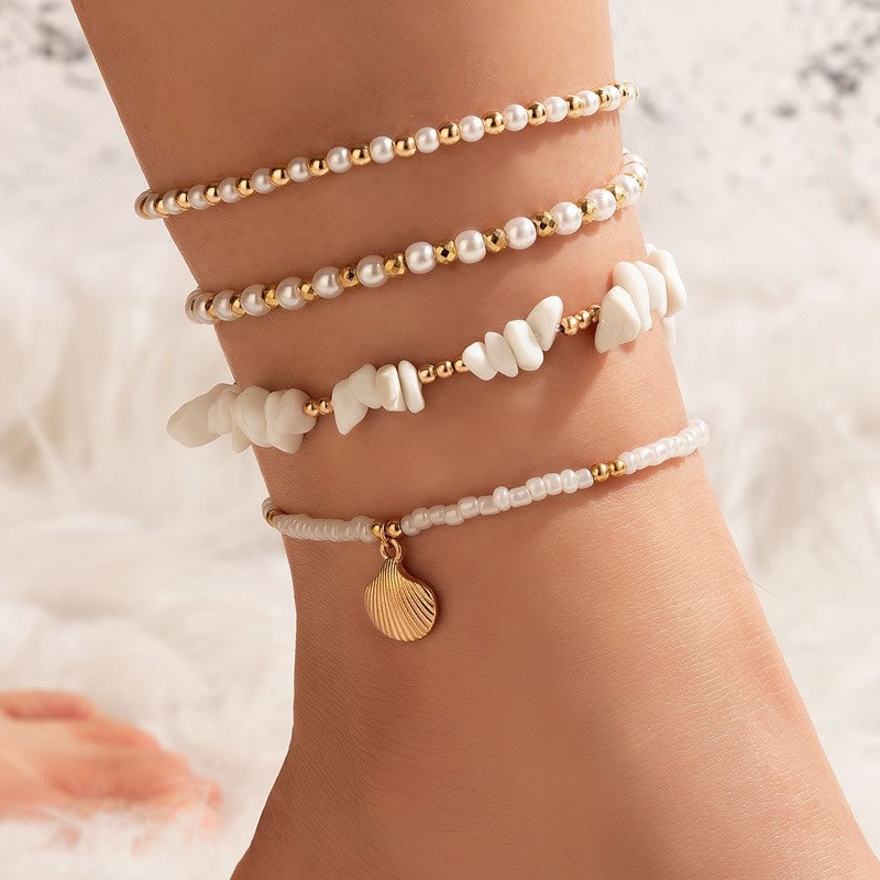 Fashion 5# Pearl Gold Bead Rubble Beaded Shell Anklet Set