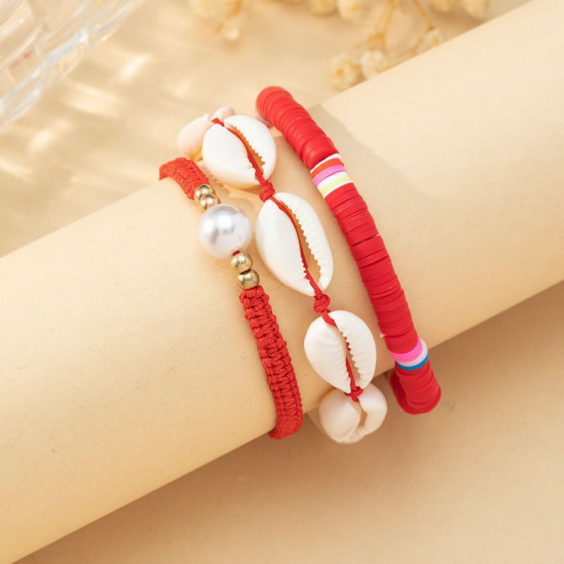 Fashion Red Fimo Beaded Pearl Woven Shell Bracelet Set