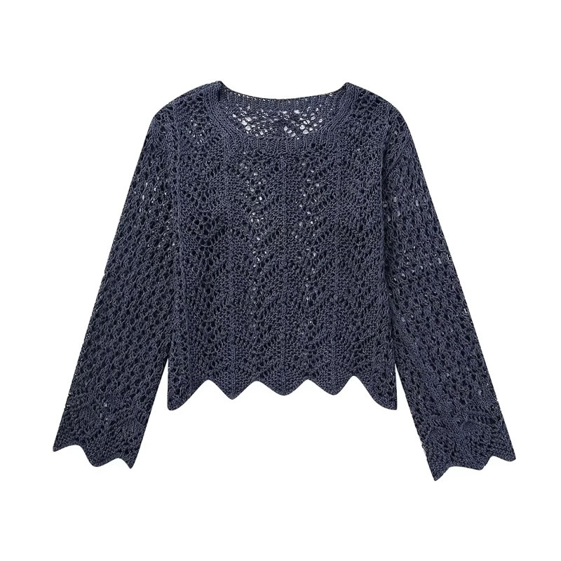 Fashion Royal Blue Open-knit Crewneck Top