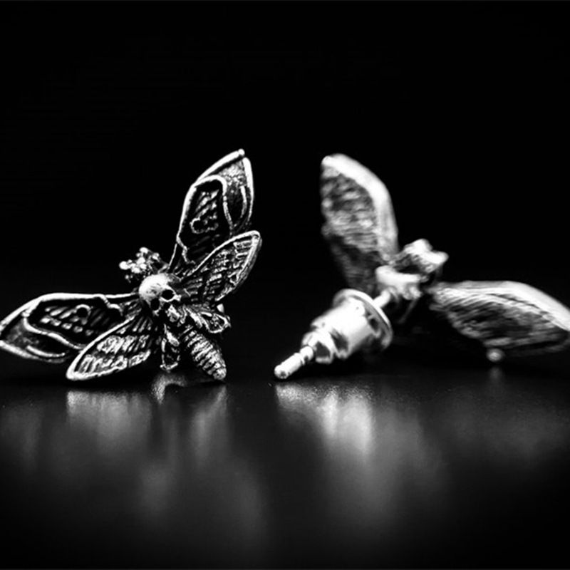 Fashion Silver Alloy Skull Moth Stud Earrings
