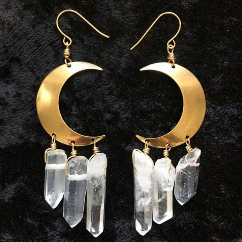 Fashion Gold Crystal Tassel Moon Earrings