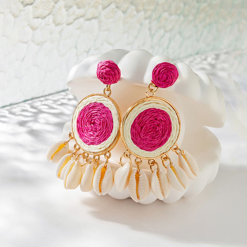 Fashion Rose Red Braided Raffia Shell Earrings